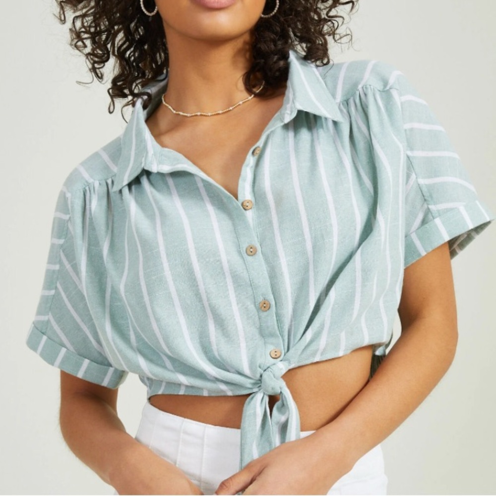 3/$12 Altar'd State Button Up Down Green White Striped Crop Top Tie XL XLarge